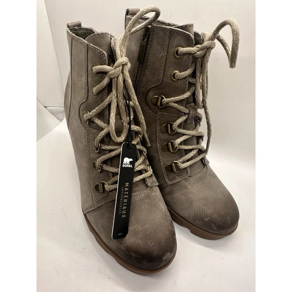 Sorel Joan Uptown Lace Zip Waterproof Leather Boots Womens 7 Khaki II